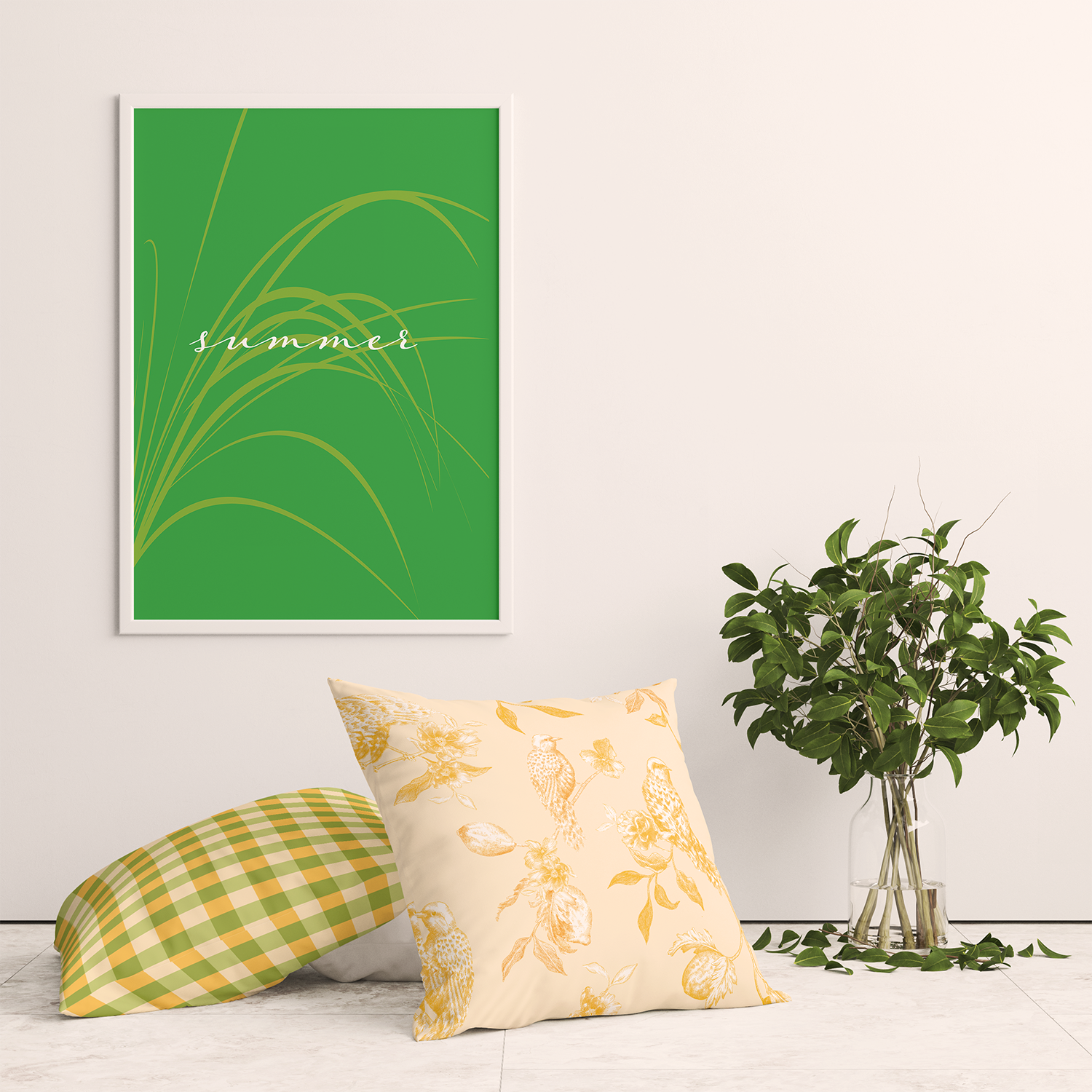 White interior scene with a plant and a cheerful decor setup featuring a ‘Summer’ poster. Decorated with cushion covers in lemon and bird print, green gingham, and plain white patterns. Highlights a joyful and vibrant look, showcasing unique hand-painted designs by an independent artist. Perfect for using color in space and decorating with print.